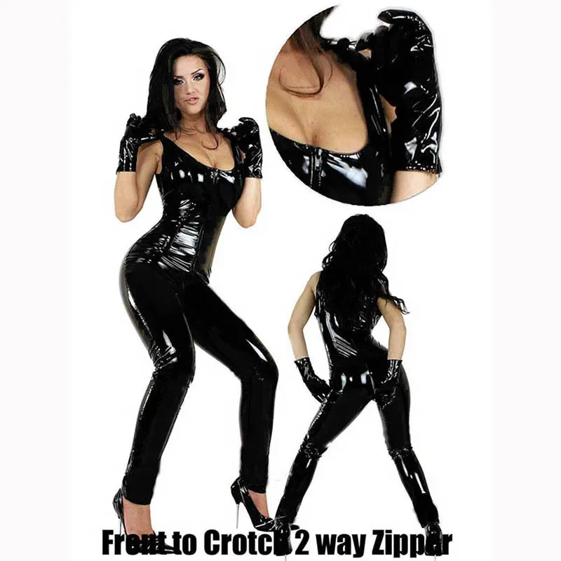 

Wetlook Vinyl Leather Sleeveless Jumpsuit Elastic Black PU Full Bodysuit Playsuit Sexy Catsuit Nightclub Costume With Gloves