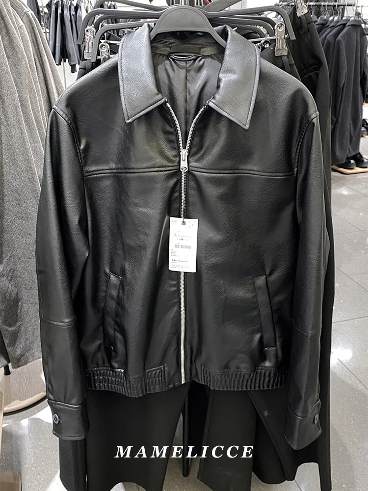 

MAMELICCE Original design Classic turn-down collar faux leather zipper Motorcycle jacket coat Leather coat Men's clothing