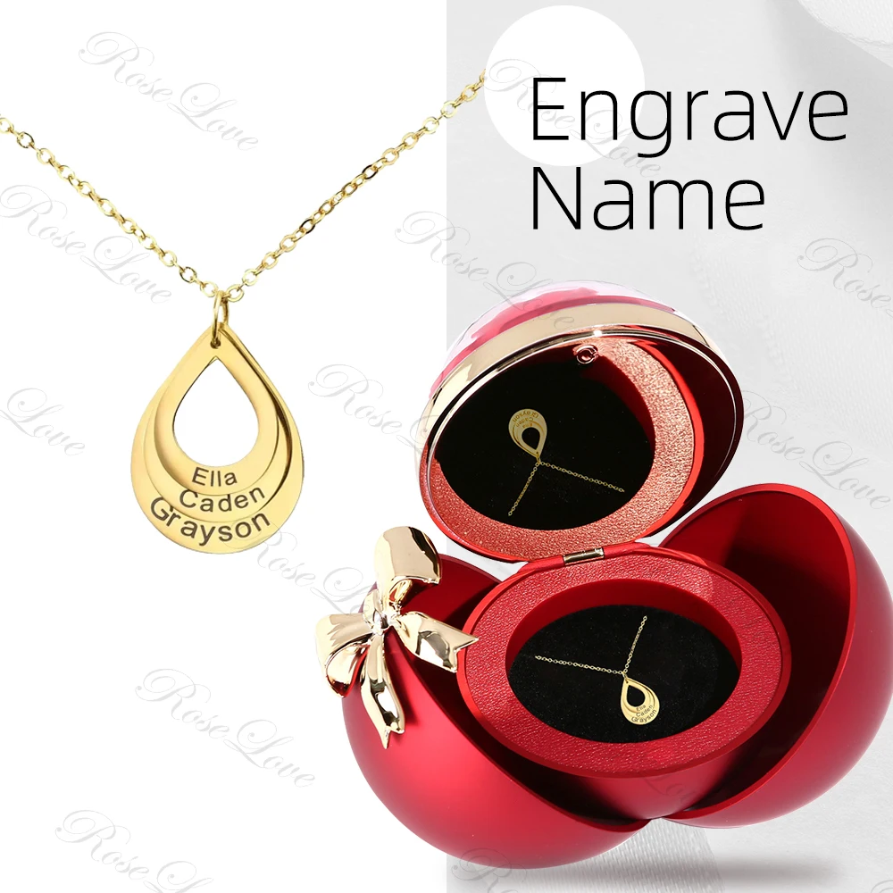 2025 New Rose round ring box bow magnetic drop necklace engraved name gifts for her on Christmas, Valentine's Day, Mother's Day