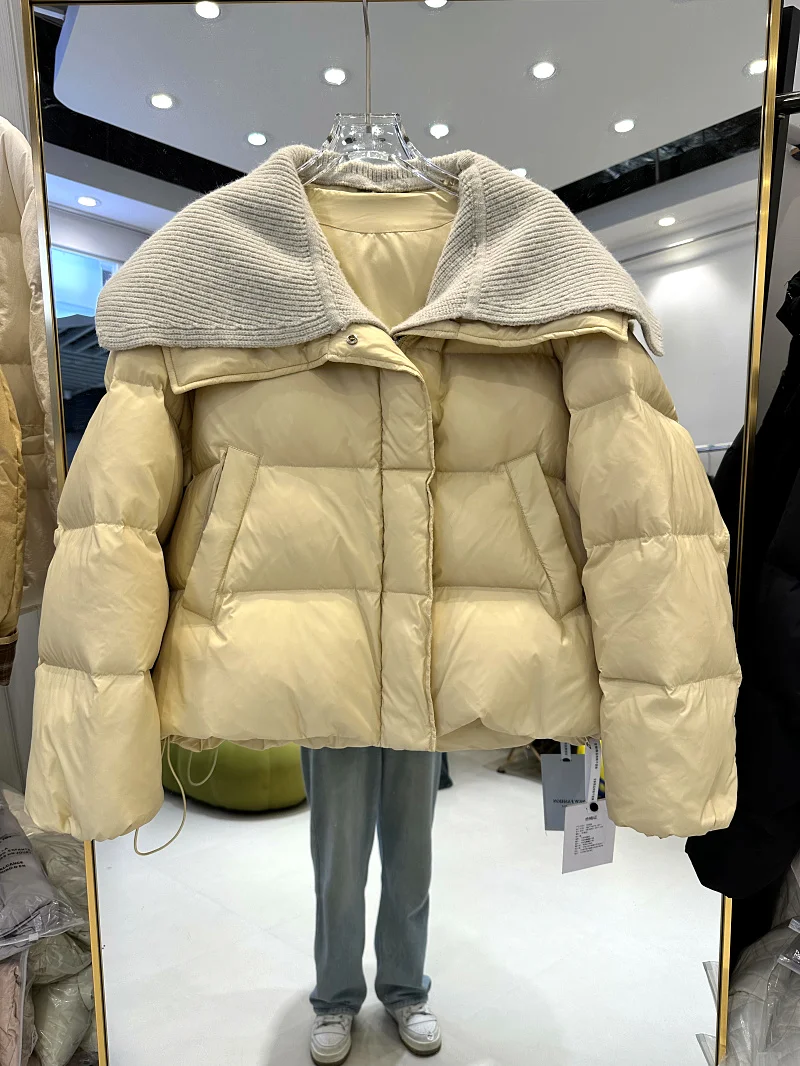 

Зима 2025 г. Thiened ort, вязаное пуховое женское повседневное пальто в Корейском стиле с большим воротником, теплое пальто на молнии све