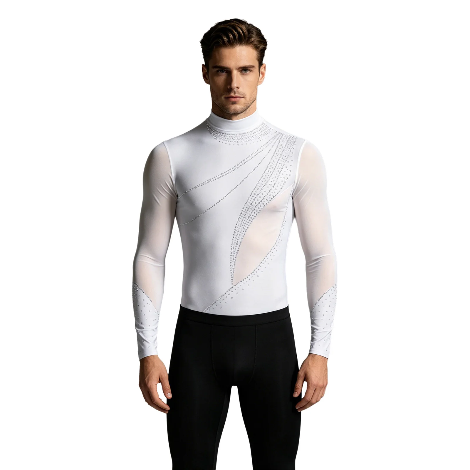 Herren Gymnastik Latin Ballett Tanz Performance Eiskunstlauf Kostüm Glitzer Strass Mesh Trikot Overall Bodysuit Shirts – Detail 4