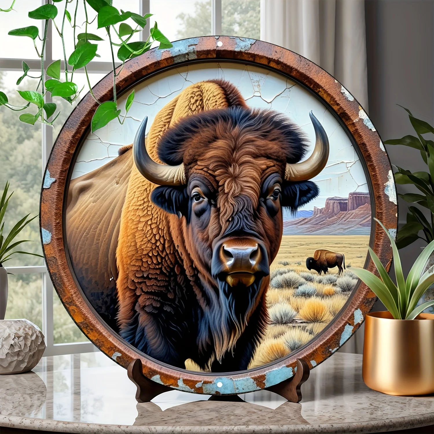 American Bison Vintage Metal Sign, 8-Inch Aluminum Round Poster for Home, Patio, Bathroom, and Door Decor