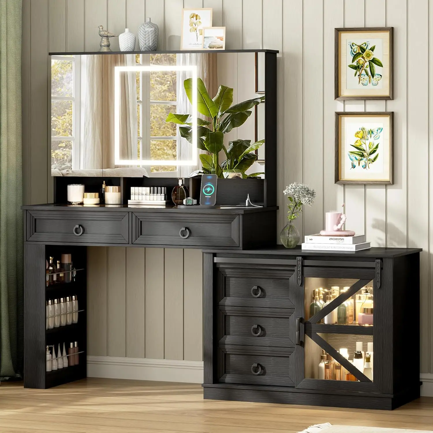 

60' Farmhouse Vanity Desk with Mirror, 5 Drawers, LED Lights & Power Outlet, Black Glass Top Dressing Table