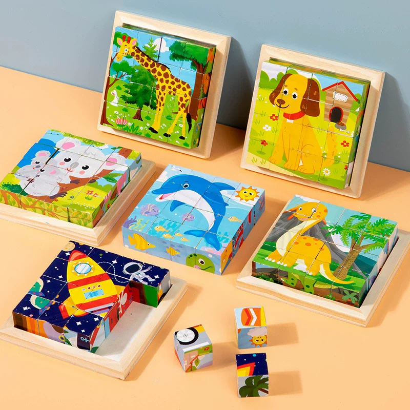 Montessori Wooden Puzzle Six Sides Cartoon Dinosaur Animal Cognitive Wooden Blocks Matching Puzzle Educational Toys