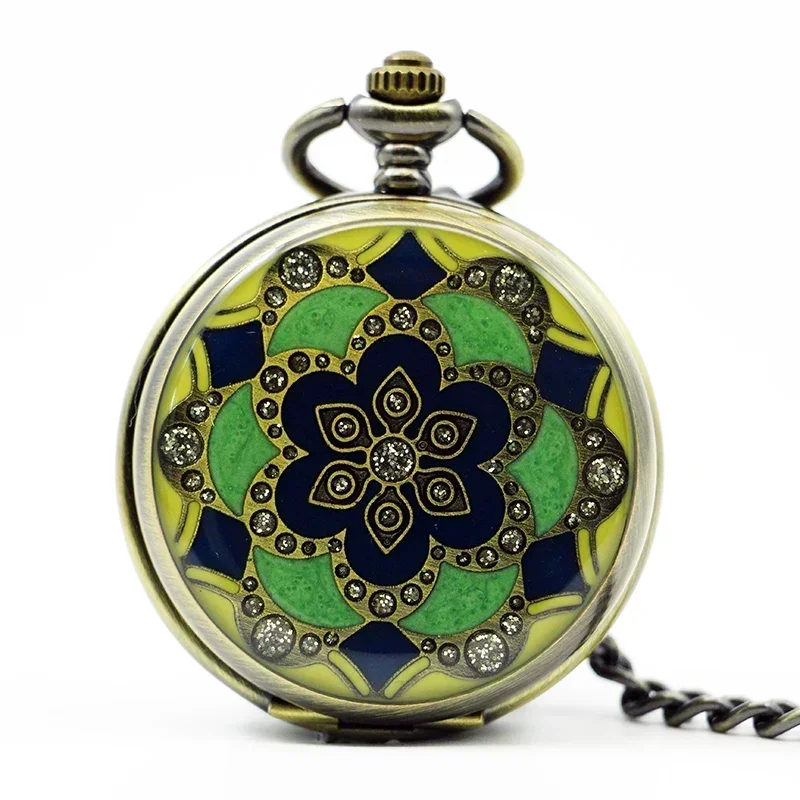 

Retro Green Flower Enamel Mechanical Pocket Watch Antique Necklace Chain Pendent Men Women Fob Watches PJX1200