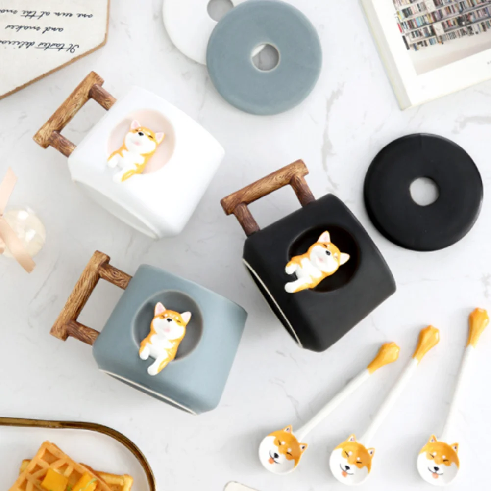 

Dog Ceramic Mug Black Creative Cup for Office Home Coffee Tea Juice Milk Storage Spoon Covered Cup Dog