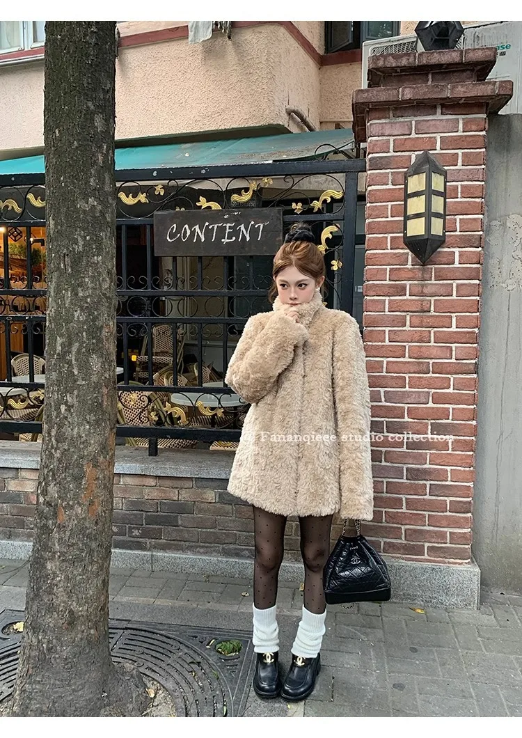 Faux Fur Coat Women Jackets Stand Collar Thick Warm Vintage Outerwear Female Autumn Winter Fluffy Shaggy Overcoat Streetwear