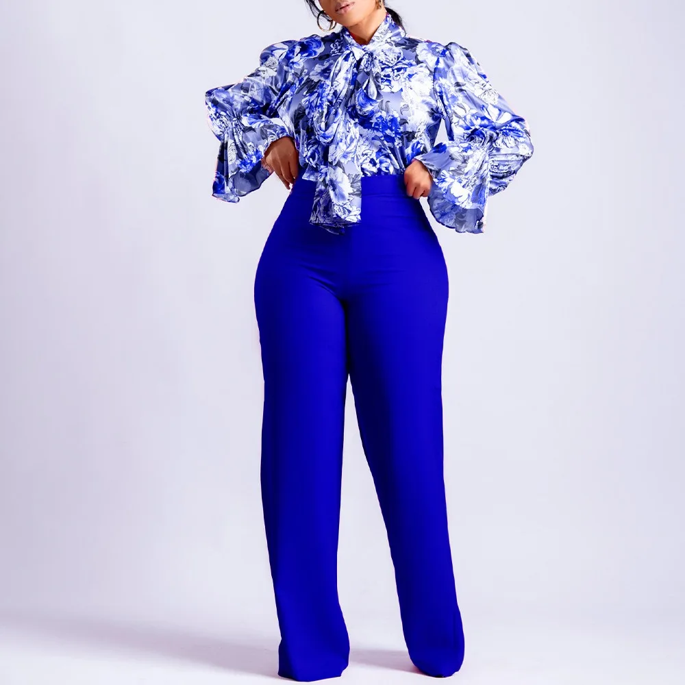 

2024 New 2 Piece Women's Flower Print Top Shirt Pants Suit Sexy Casual Commuter Elegant Clothing Lace-up Wide-leg Pants Office