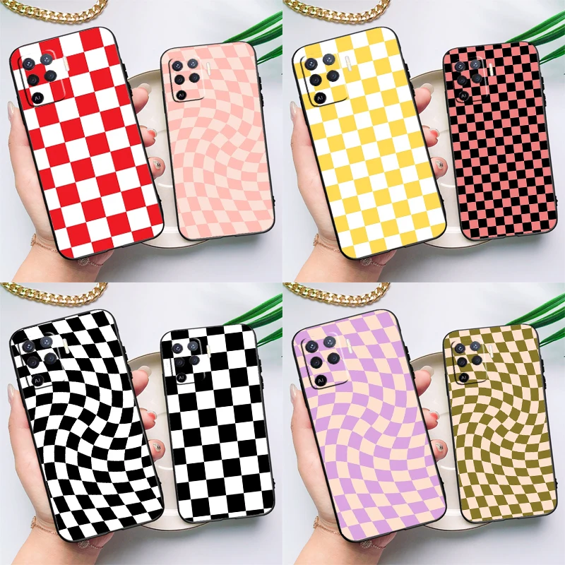 Checkerboard Pattern Mustard Yellow Case For OPPO A54 A74 A94 A52 A72 A83 A91 A93 A15 A16 A5 A9 A31 A53 A53S 2020 Back Cover