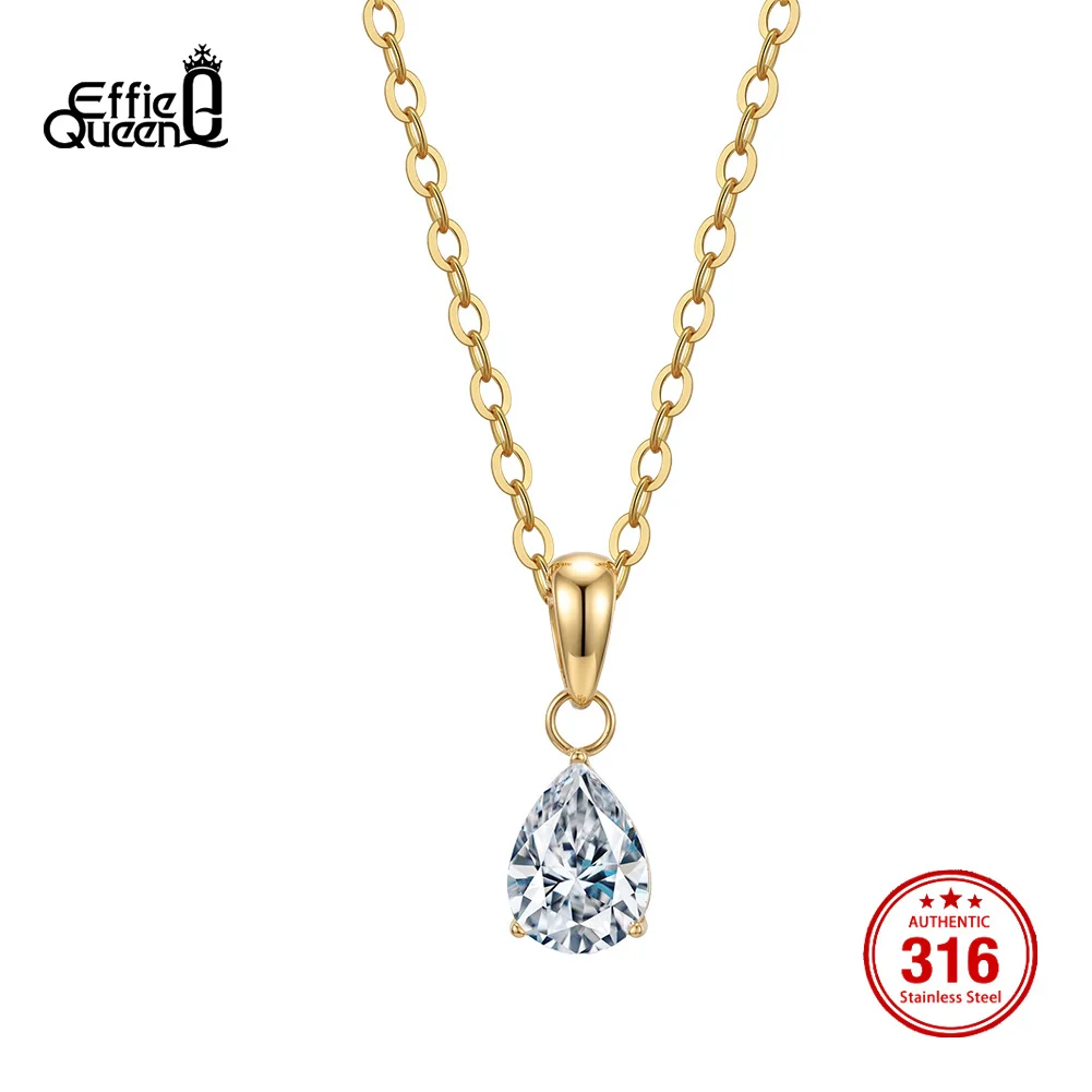 EFFIE QUEEN Classic Water Drop Zircon Pendant Necklace For Women Minimalist 18K Gold Plated Stainless Steel Necklace Gift HTKN05