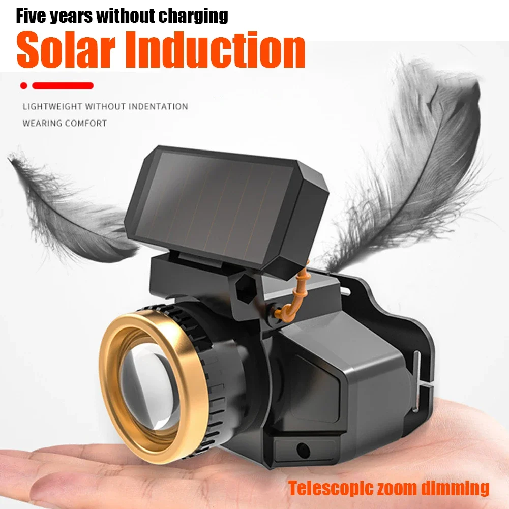 XPE LED Headlamp Sensor Headlight Solar + USB Rechargeable Head Lamp Work Light