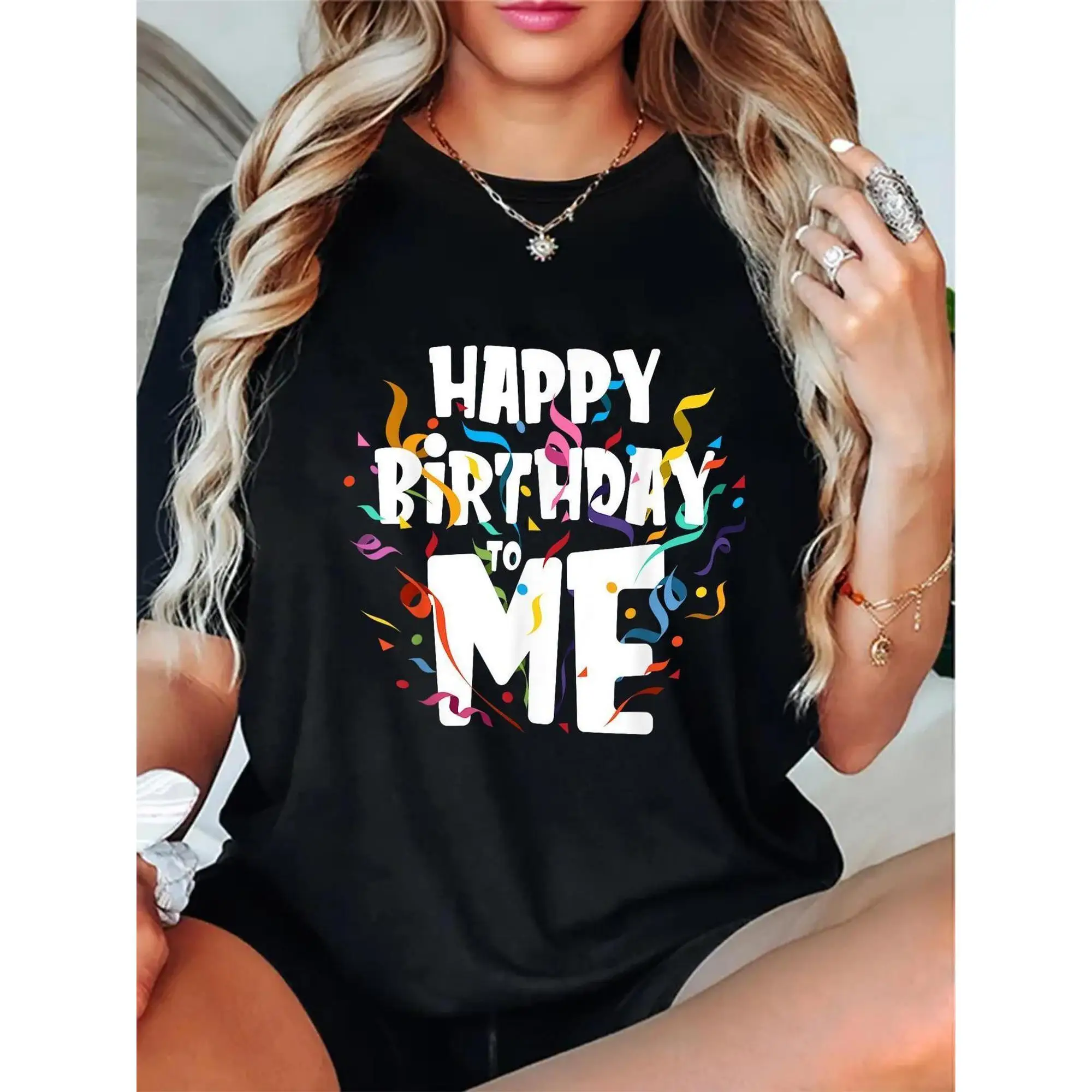 

Happy Birthday To Me Graphic T-Shirt Women’s Fun Party Outfit Cotton Tee for Birthday Celebration or Holiday Gift