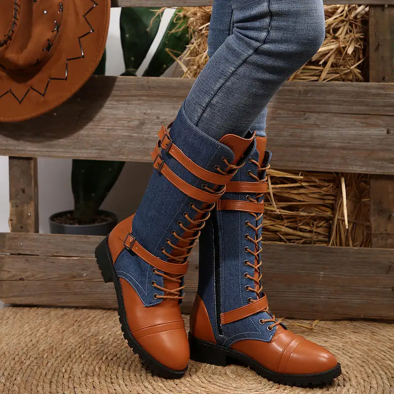 

Vintage Denim Splicing Thick Heel Mid Calf Boots Women 2025 Winter Steampunk Metal Belt Buckle Long Boots Woman Lace Up Booties