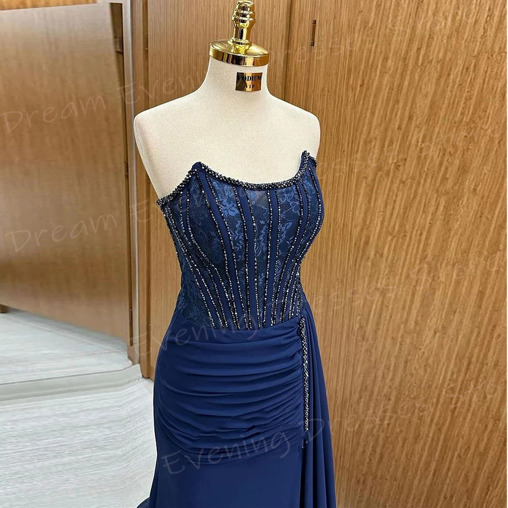 Generous Modest Women's Mermaid Classic Evening Dresses Charming Strapless Prom Gowns Sleeveless Beaded Robe De Soiree Femmes