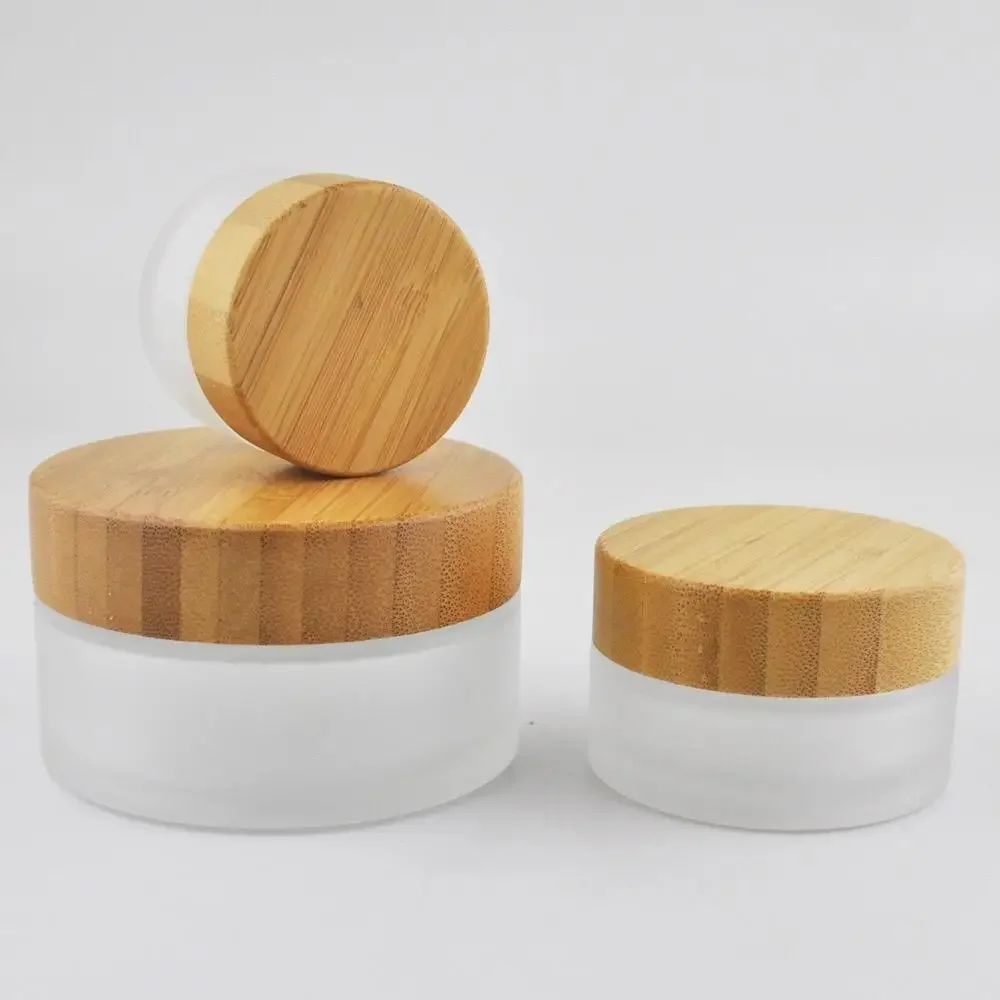 

sale Cosmetic Bamboo Lid Glass Jar, Face Cream Frost Glass Jar With Bamboo Lid day night face Eye Cream Cosmetics container