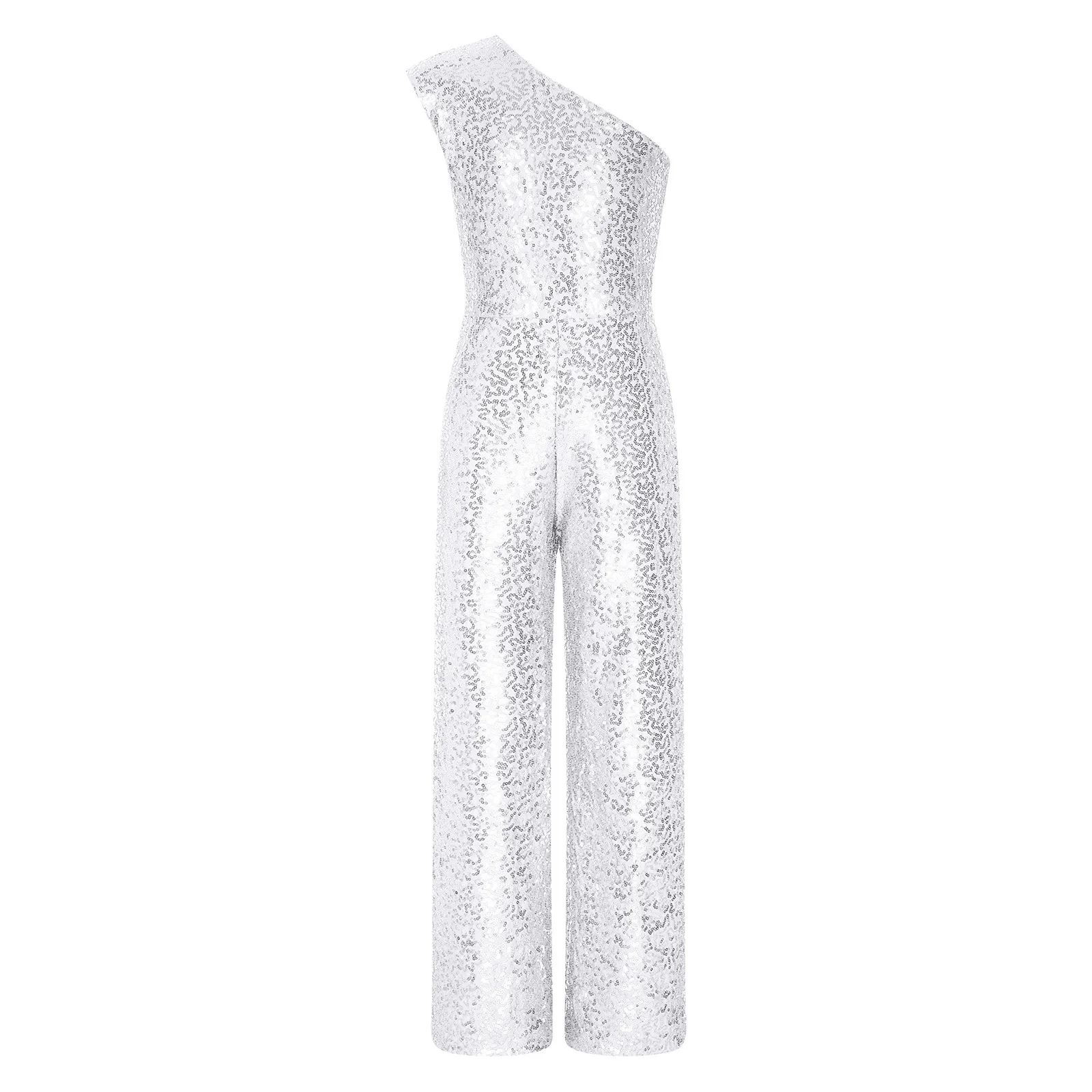 Kids Girls Sequin One Shoulder Bodysuit Rompers Sleeveless High Waist Straight Pants for Cocktails Evenings One-Piece Jumpsuit