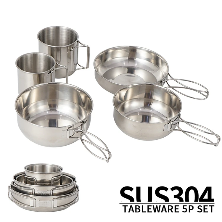 Kitchen Cooking Pot Accessory Kit Portable Lightweight Folding Handle 5 Pieces 304 Stainless Steel Cookware Set for Camping BBQ