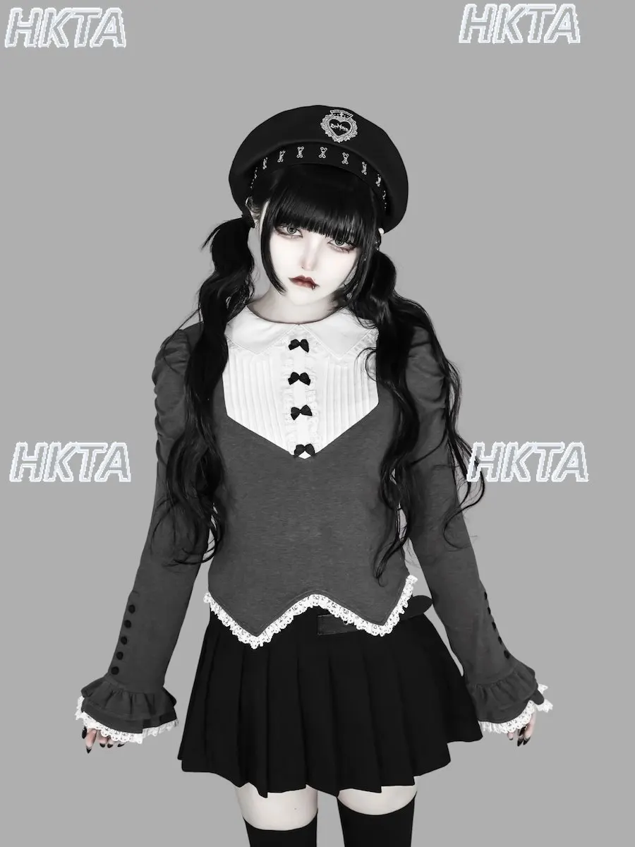 Japanese Dark Goth Bowknot Collar Long Sleeve T-shirt Top Women Sweet Lace Trim Color Block Preppy Style Black and White Blouse