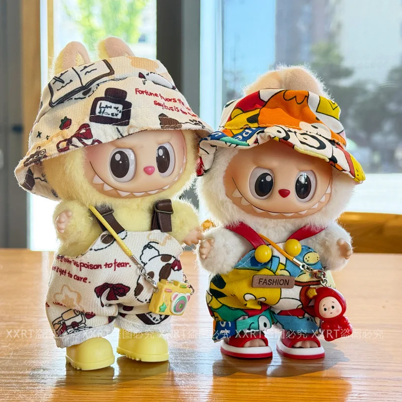 

Labubu Doll Clothes Hip Hop Beach Panda Dog Overalls Set with Hats for 1.0 2.0 3.0 Generation Vinyl Figure Changeable Costume