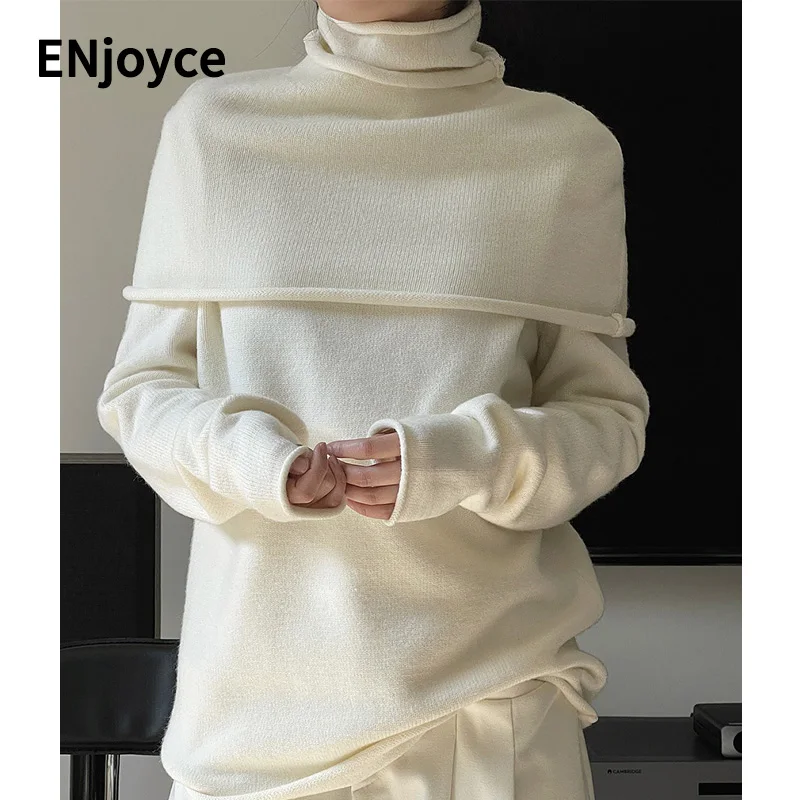 

Women Vintage Turtleneck Wool Sweater and Scarf Shawl Two Pieces Set 2024 Winter Korean Slim fit Knit Pullover Warm Knitwear