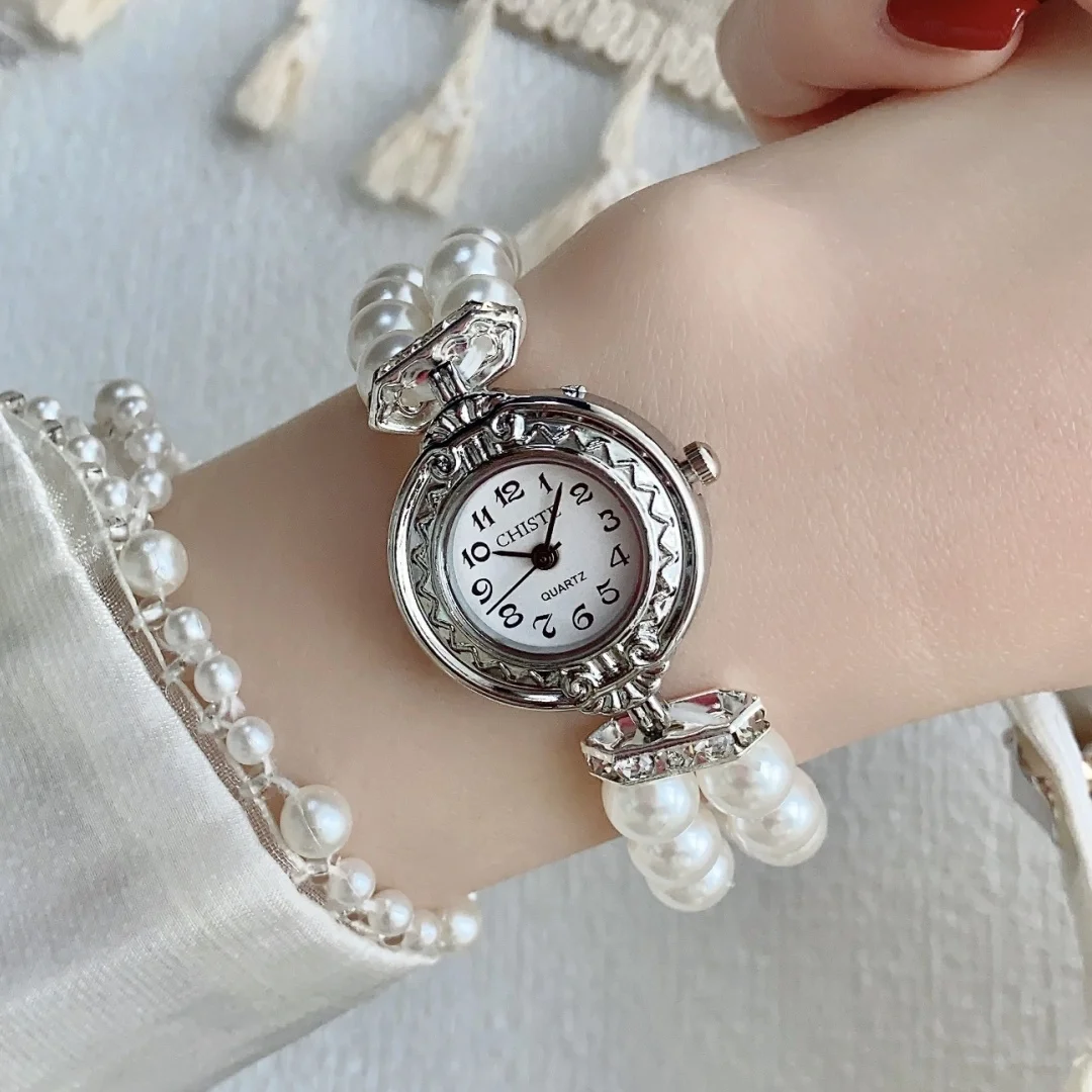 ساعات نسائية سوار من اللؤلؤ الأبيض ساعات نسائية فضية مستديرة صغيرة ساعات كوارتز نسائية Relojes Para Mujer