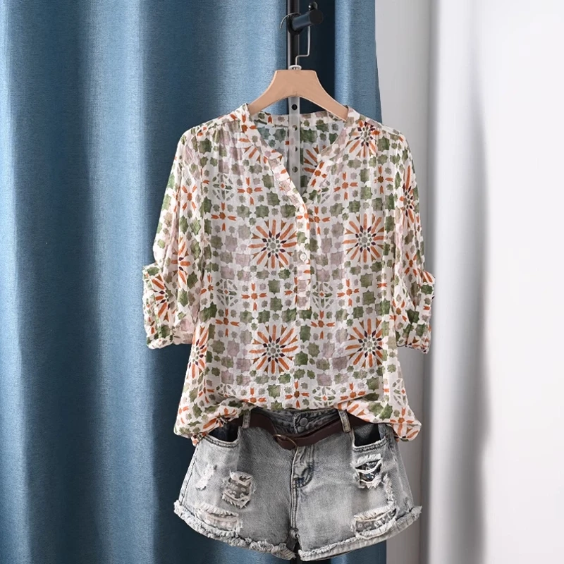 

Ethnic shirts and blouses for women summer Spain style vintage bohemian v neck geometric print shirts boho clothing