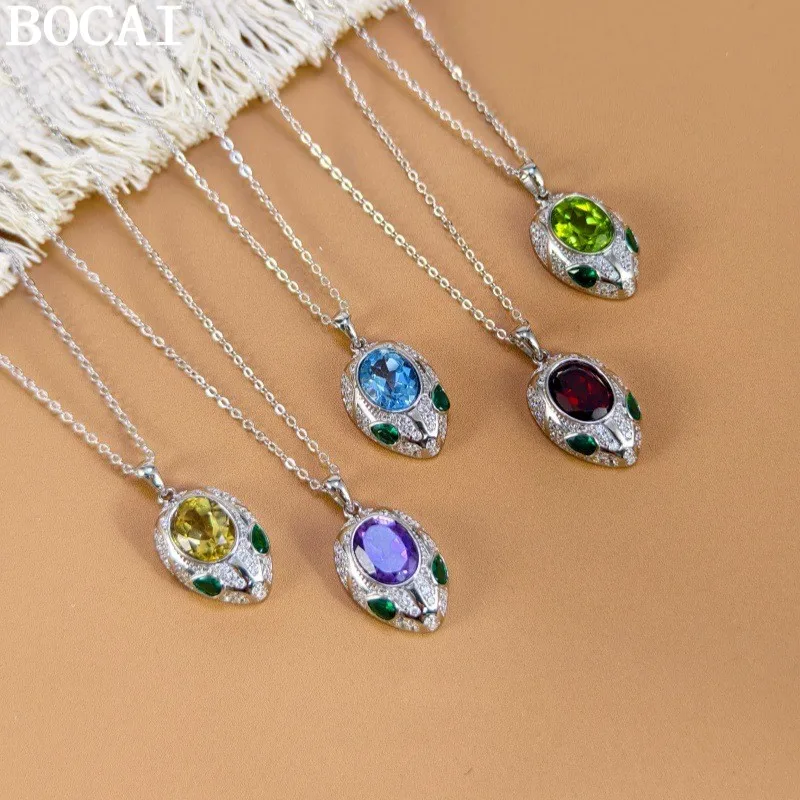 

Новое ожерелье-кулон BOCAI из чистого серебра S925 с кристаллами: топаз, оливин, гранат, в стиле ретро и минимализм, с изображением змеи