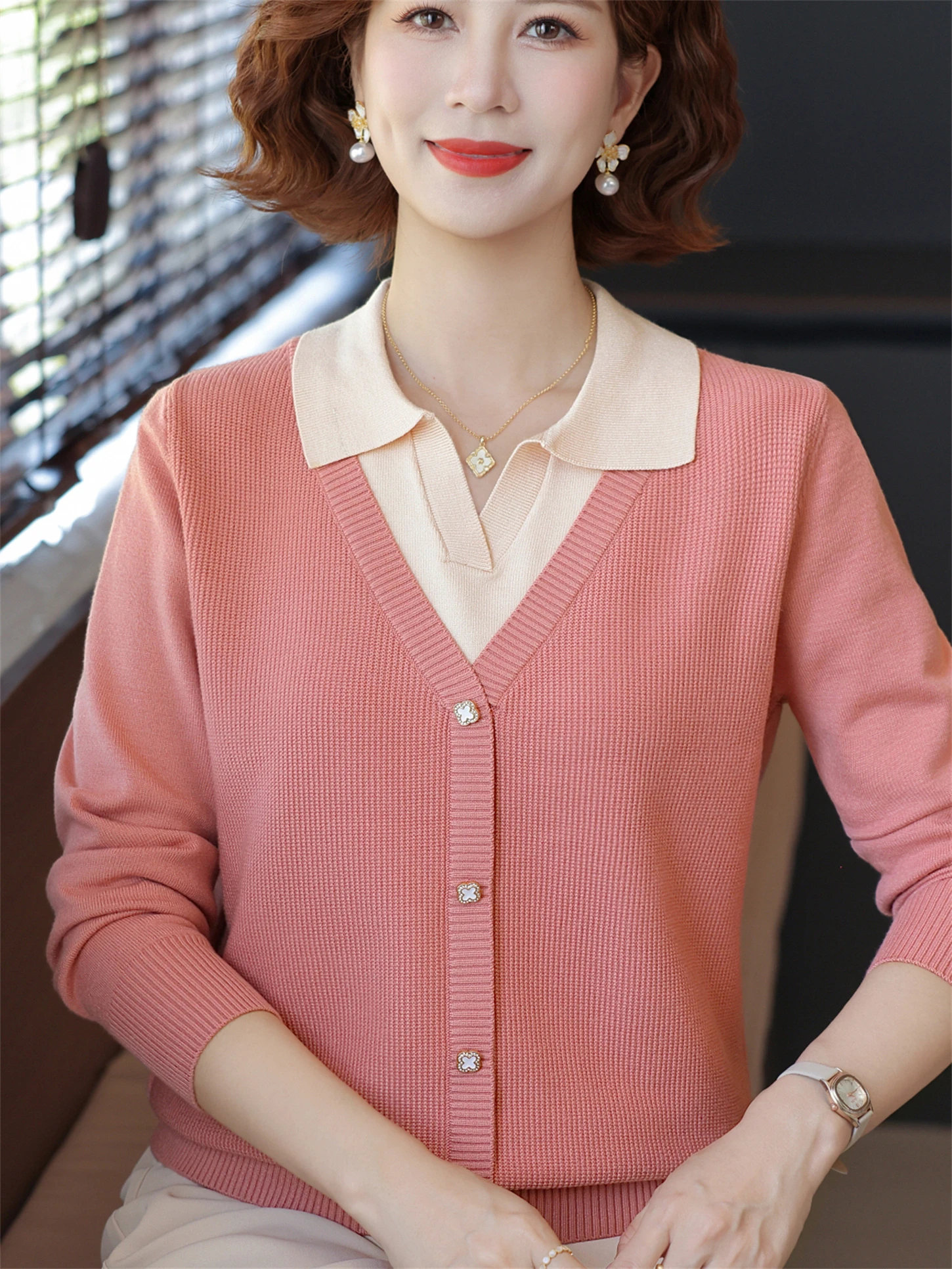

Sli Knitted Woolen Long Sve irt for Middle-Aged Women Faionable Base Layer Top Spring Autumn Flip Collar Fake Two-...