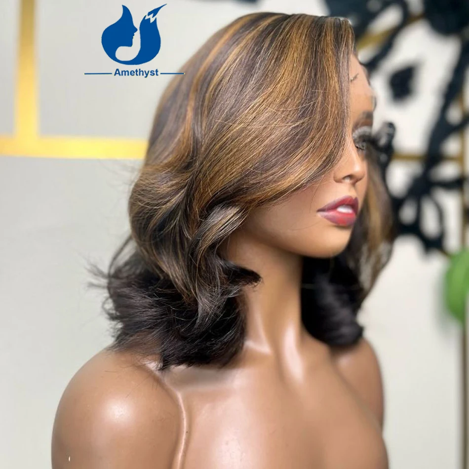 Ametista Destaque Peruca Bob Ondulado, Cabelo Humano Brasileiro, Loiro, Base de Seda, Fechamento Lace, Parte Lateral com Babyhair, 5.5x4.5PU