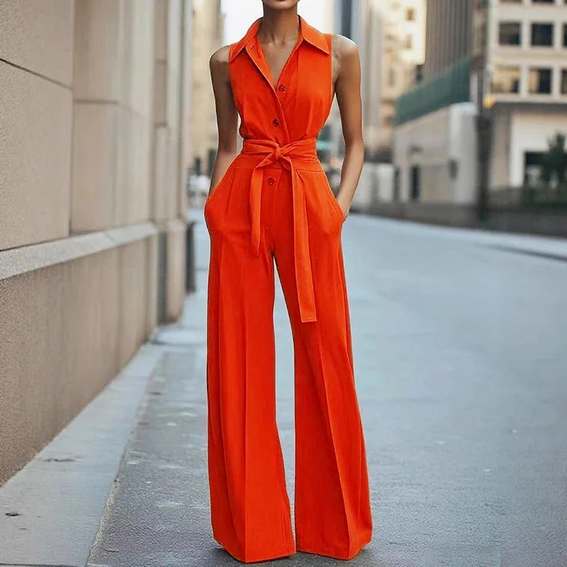 Summer Tie Up Sleeveless Jumpsuits Women Turndown Collar High Waist Commut Single Breasted Wide Leg Pants Solid Color Jumpsuit