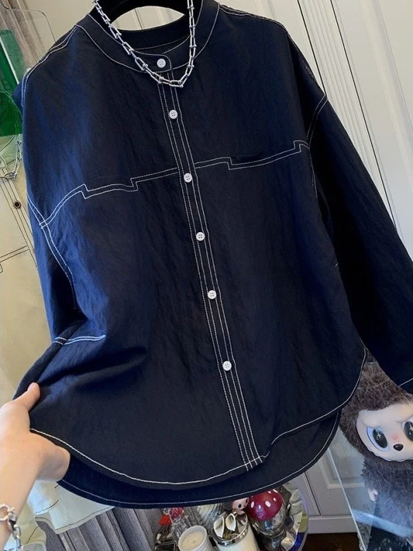 Ele Long Sve Women's irt Loose Fit Splicing Design Comfortable Breathable Vintage Sle Button up Top Coat