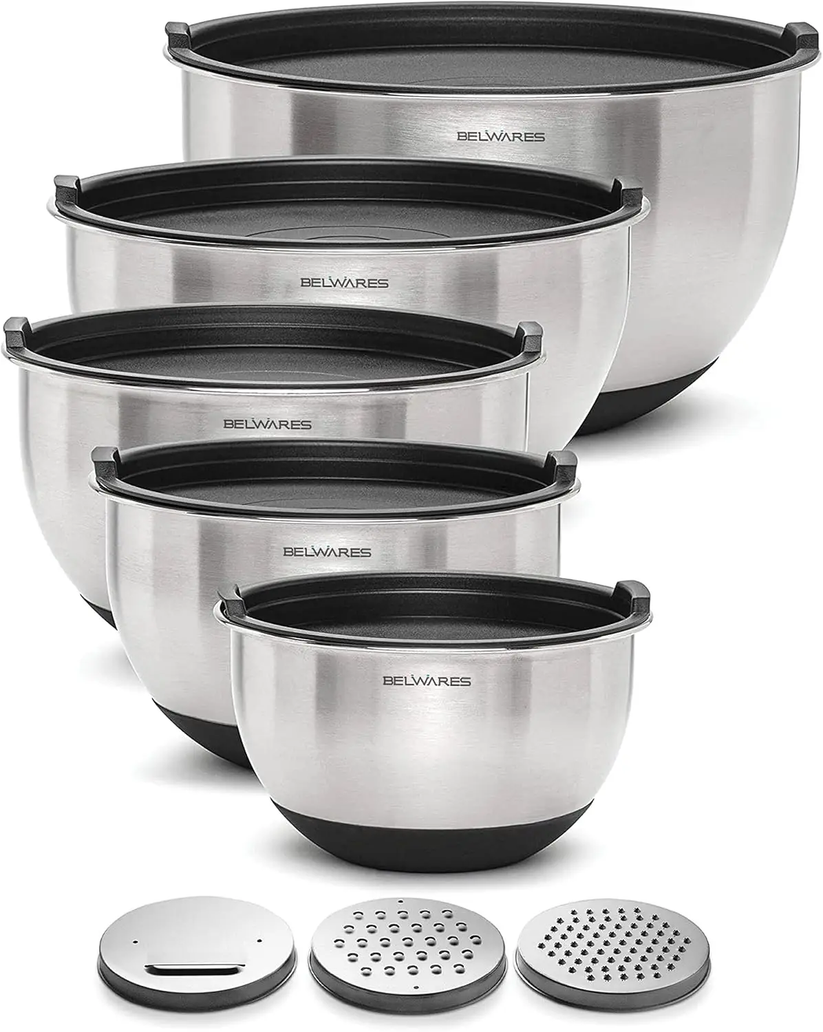 

8PCS Stainless Steel Mixing Bowls Set with Airtight Lids, Non-Slip Base & 3 Graters for Baking and Food Prep in Matte Black