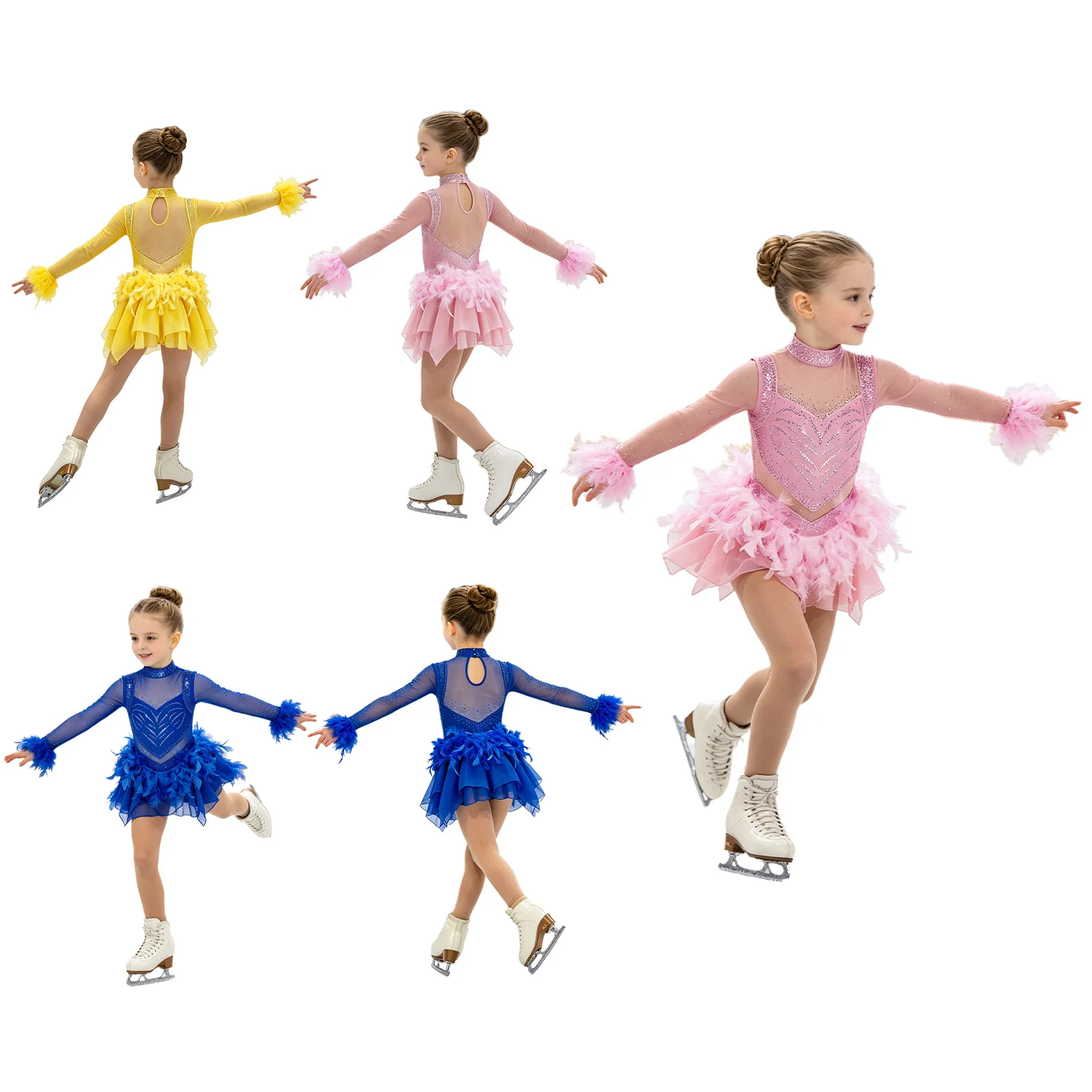 Girls Shiny Rhinestone Latin Jazz Ballet Dance Dress Figure Skating Rhythmic Gymnastic Costume Long Sleeves Mesh Feather Leotard