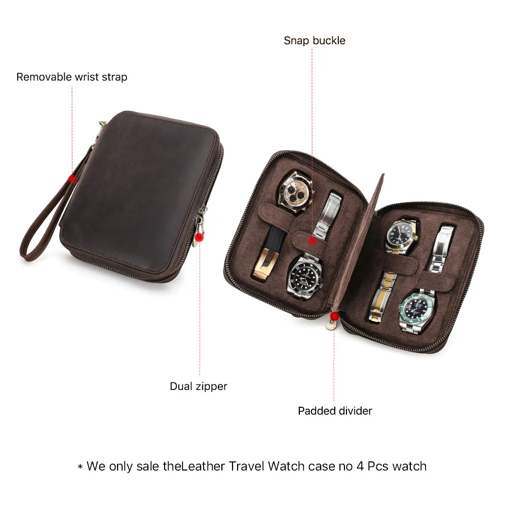 Vintage Genuine Leather Zipper Watch Storage Case 2/4/6/8 Slots Travel Portable Organizer Watches Jewelry Display Collector Box