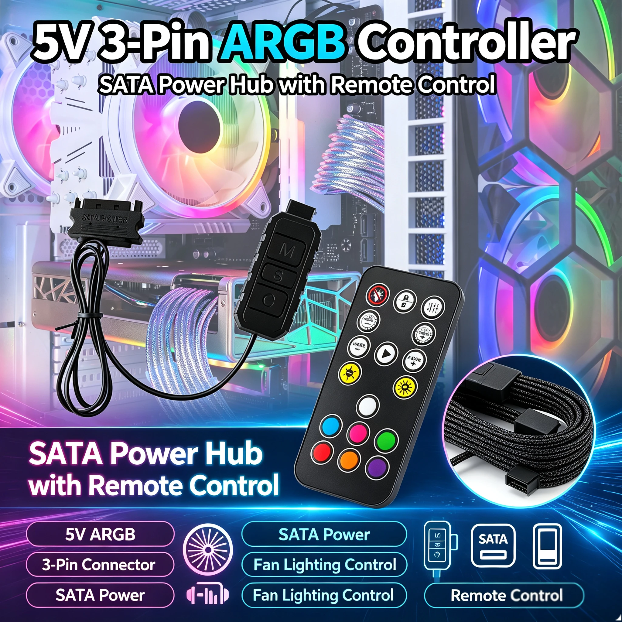 Computer ARGB Fans Hub Multipurpose SATA Interface Sync Controllers Cable Mini Controllers HUB Adapter for PC RGB Case Fans