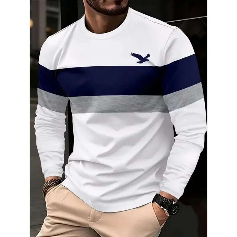 3D Printed Casual Long Sleeve New Men's Autumn Patchwork Striped Creative Print Comfortable Soft Round Neck T-Shirt Outdoor