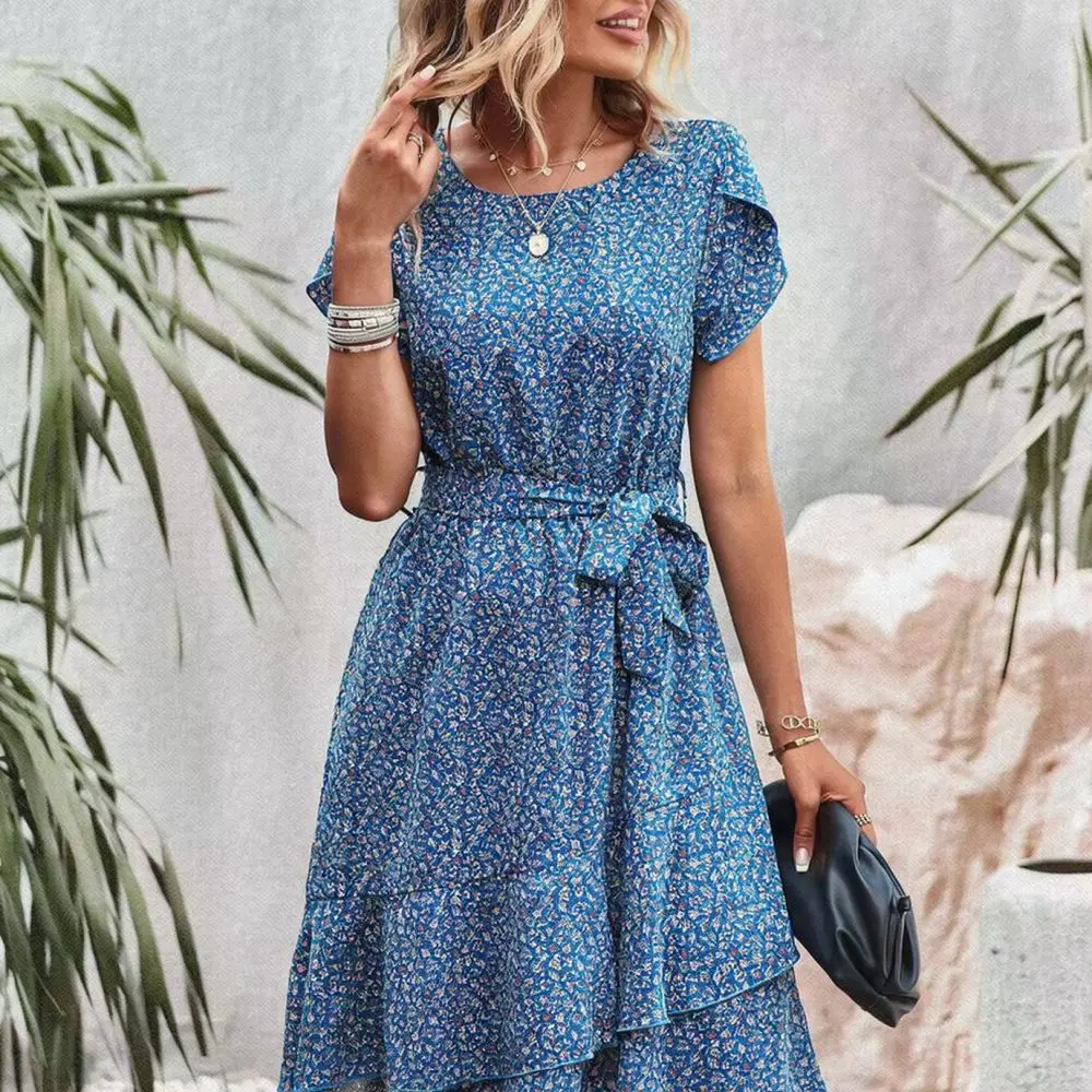 2025 Womens Casual Dress Floral Print V Neck Loose Short Sleeve Irregular Hem Fashionable Streetwear Summer Apparel