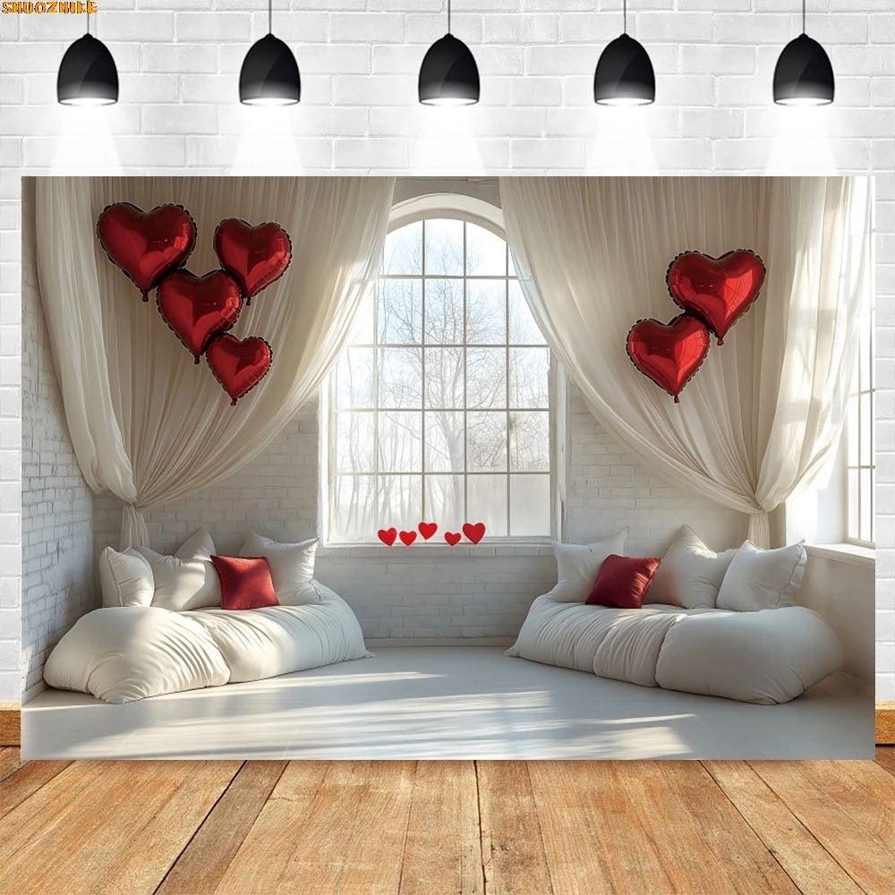 Valentinstag Zimmer Fenster Vorhang Hintergrund Blumen Liebe Herz Luftballons Paar Porträt Party Wand Dekor Fotografie Hintergrund