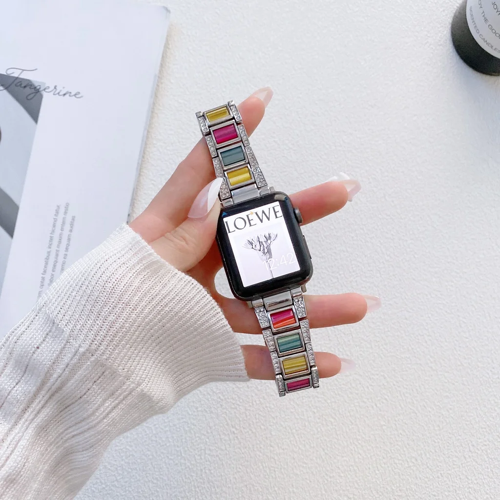 الملكي الفاخرة المعادن معصمه ل أبل حزام ساعة IWatch سلسلة 7 6 SE الفرقة ، حزام الساعات 41 مللي متر 45 مللي متر 40 مللي متر 44 مللي متر الماس الراتنج حزام