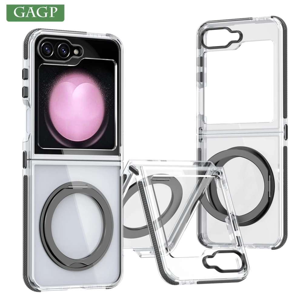 Luxury Transparent Bracket Magsafe Case for Samsung Galaxy Z Flip 5 6 ZFlip6 Airbag Anti-skid 360 Rotate Ring Holder Stand Cover