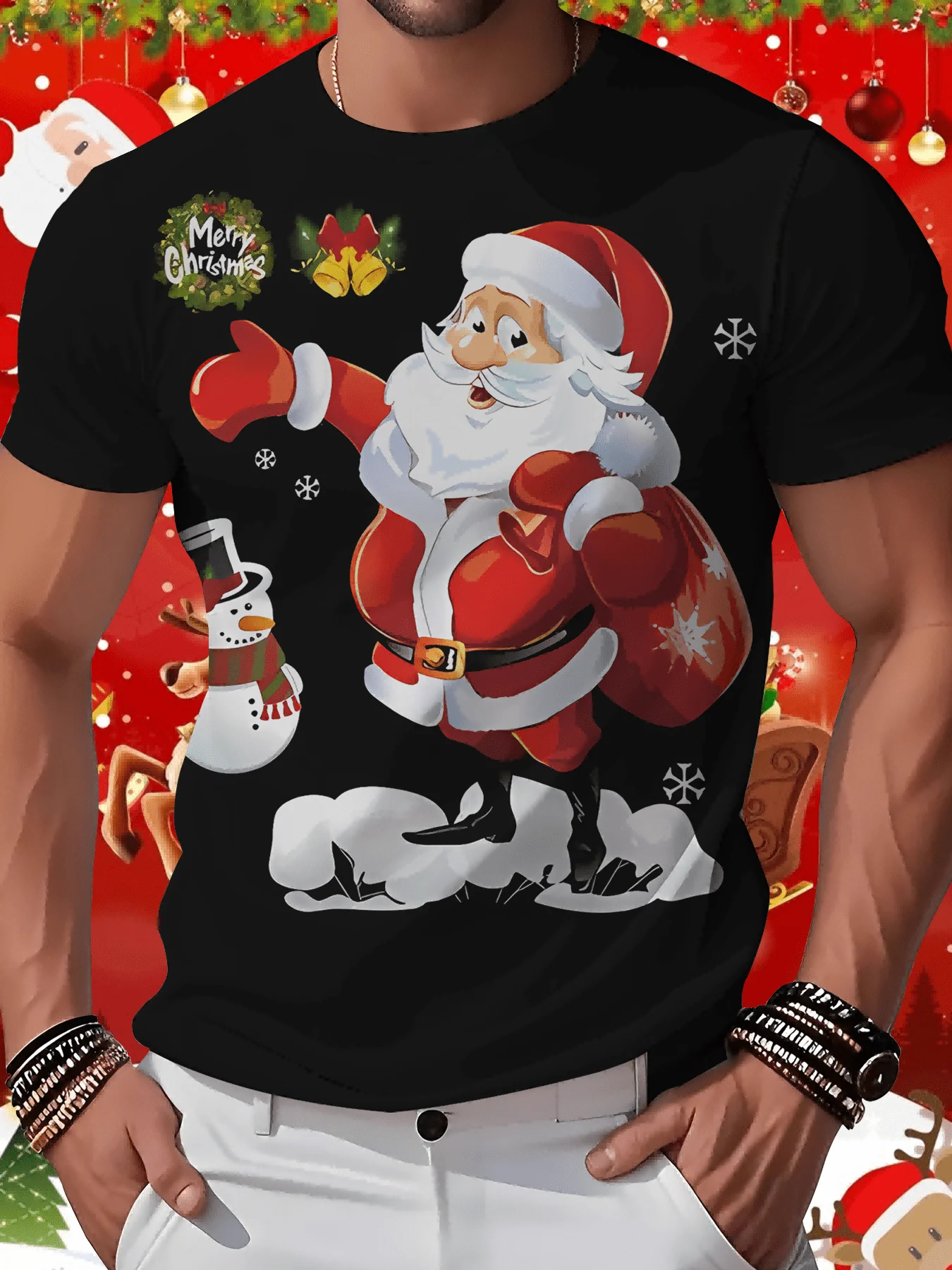 

Men's Black Christmas T-shirt, Four Season Short Sleeved Round Neck, Casual Christmas, New Year's Eve Event, Holiday Clothing