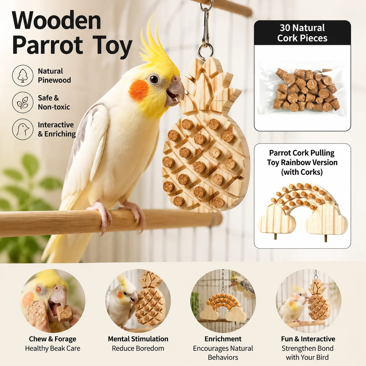 Parrot cork-pulling decompression toy comes with thirty cork stoppers and six kinds of toys.