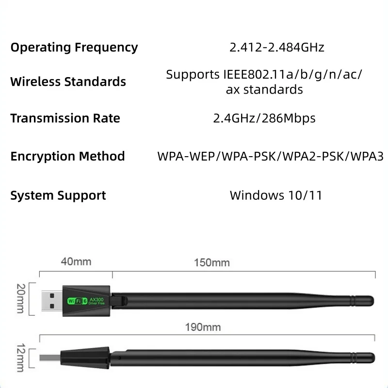 AX300 WIFI6 USB Wireless Adapter 2.4Hz Encryption Dongle Receiver Driver Free 802.11AX Network Card for Win7/10/11 PC/Laptop