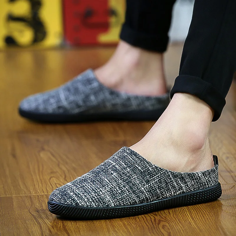 Closed Toe Mules Half Slippers Open-back Casual Shoes Linen Backless Loafers Indoor Man Slip On Flat Sneakers Slides Sandals
