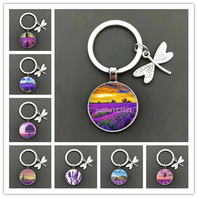 

Beautiful purple lavender flower plant round glass cabochon keychain dragonfly lavender round glass jewelry keychain