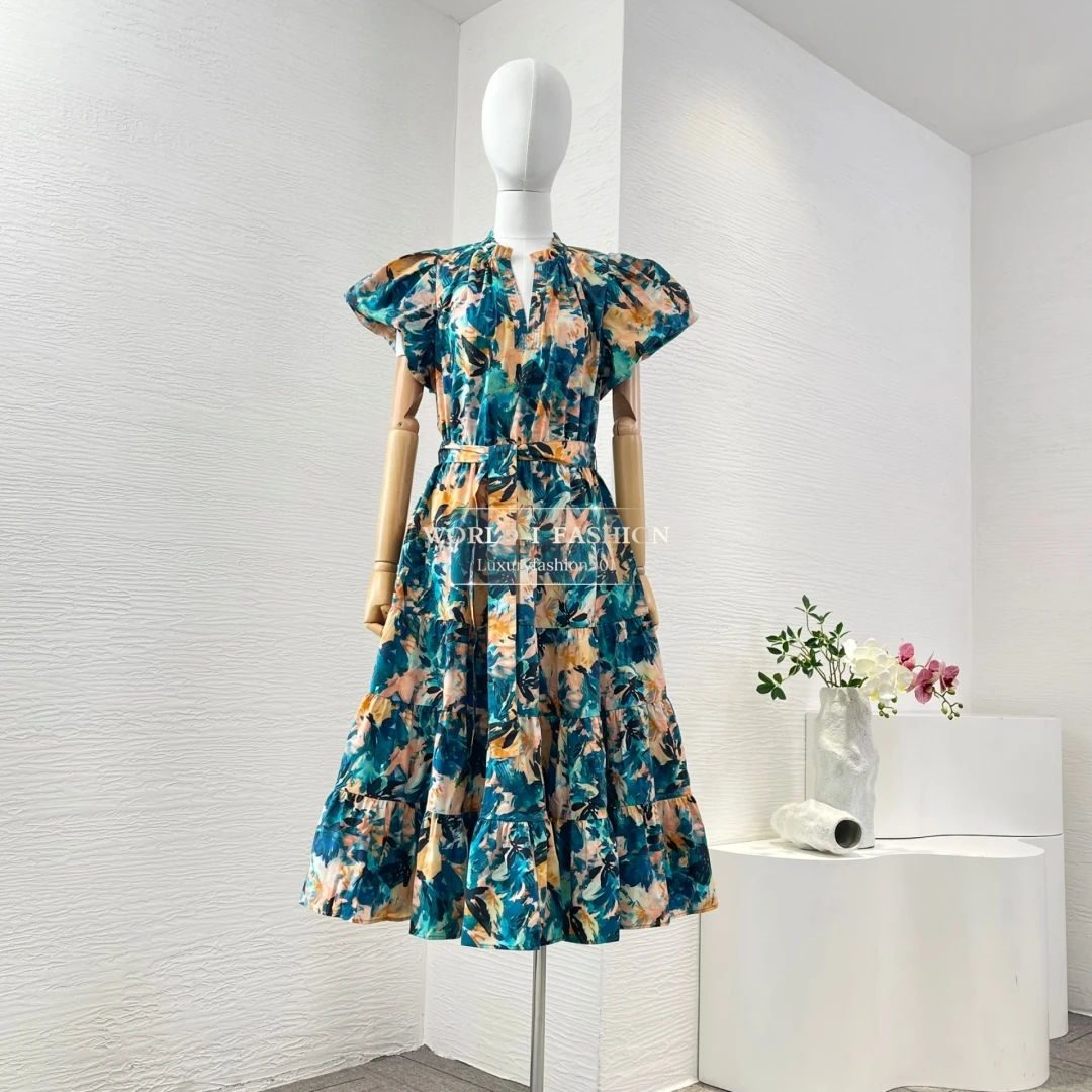 

Женское синее платье миди с короткими рукавами и цветочным принтом высшего качества