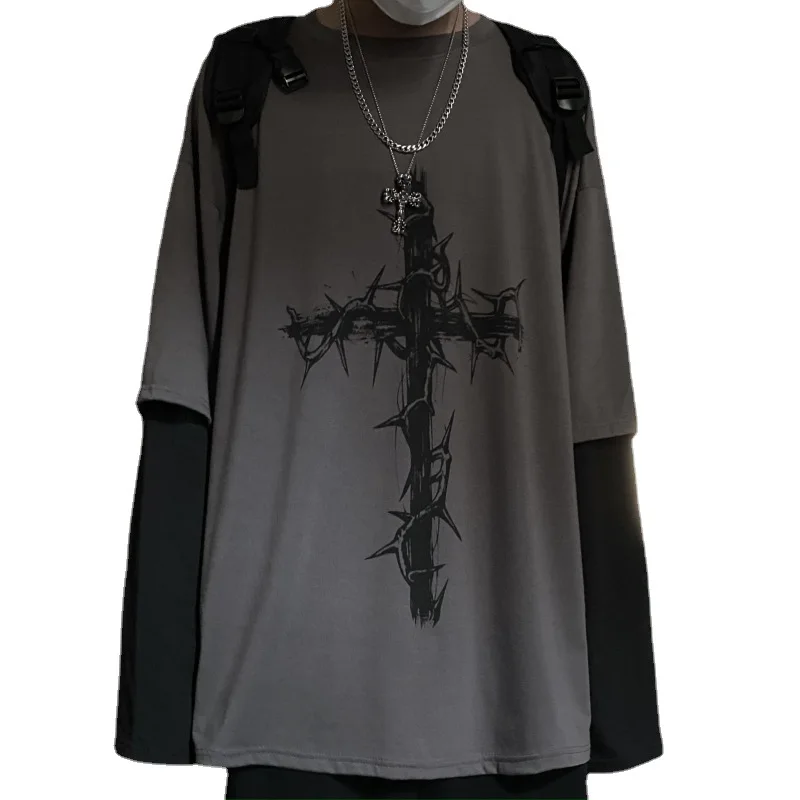 Autumn new trend ins dark hip-hop cross print loose large size fake two-piece long-sleeved T-shirts for men and women