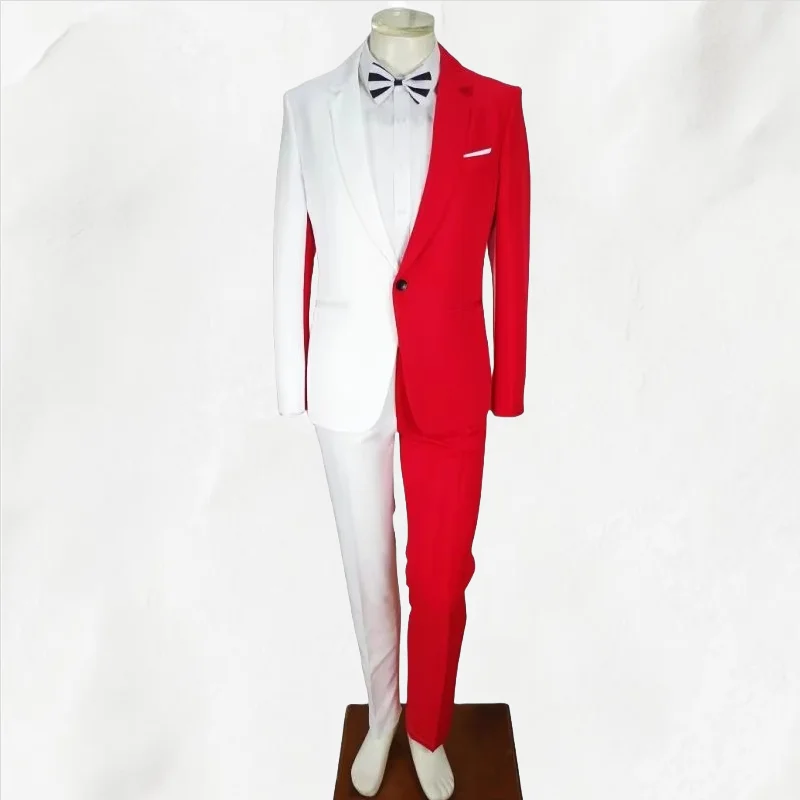 Men's Red White Splicing Tuxedo Suits 2 Piece Magician Host Singer Dancer Stage Blazer Pants Set Outfit Performance Costume