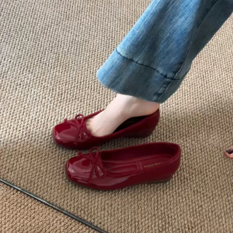 Butterfly-knot Slip On Women Ballet Comfort Square Toe Leather Shoes Ladies Eelgant Internal Elevation Wedding Mary Jane Shoes