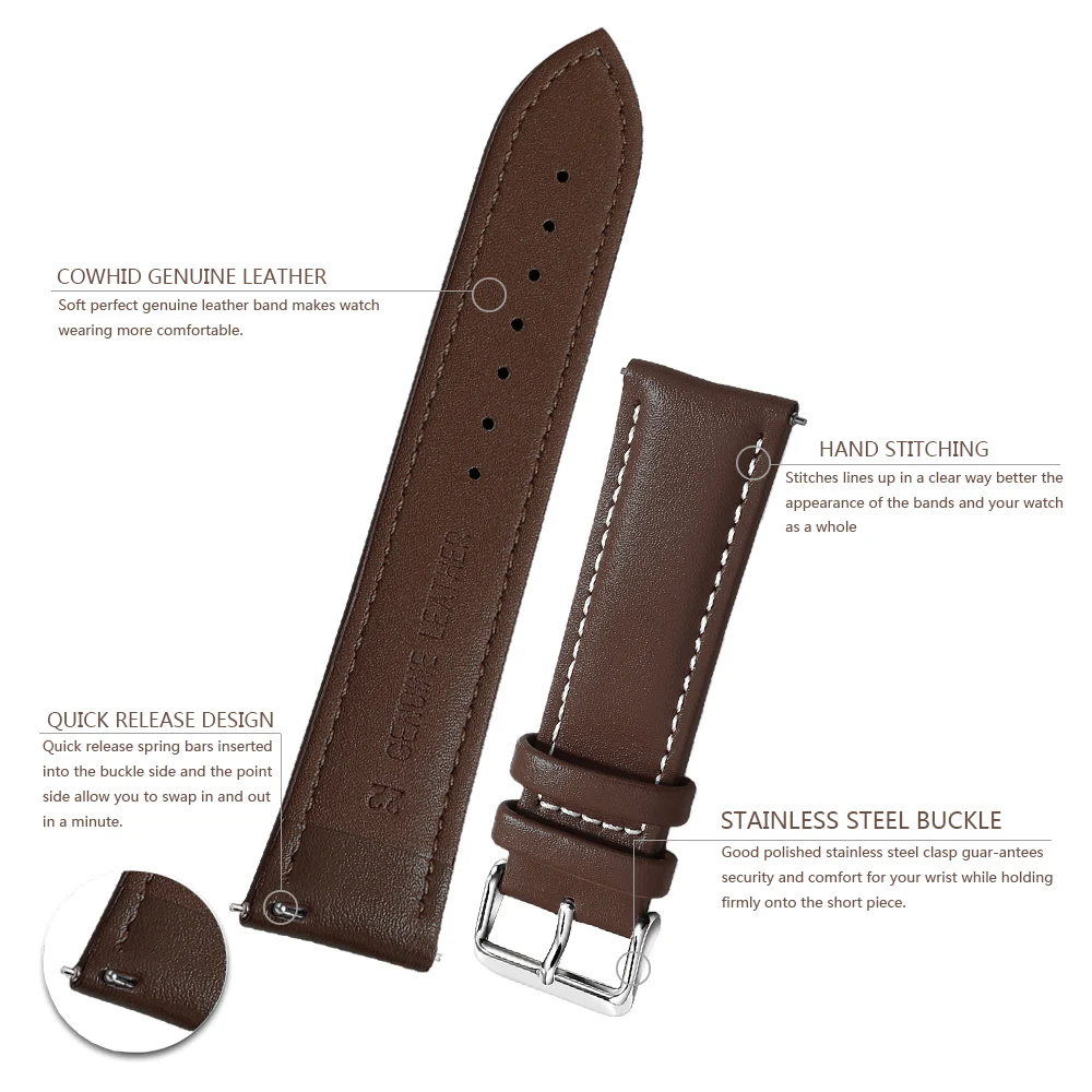Top Grain Genuine Leather Watch Band, Quick Release 12/14/16/18/19/20/21/22/24 mm Watch Straps, Replacement Bands for Men 2030 image 3